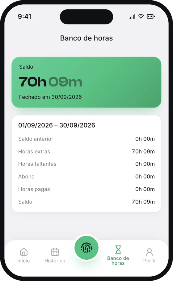 Tela Banco de horas com saldo, horas extras, horas faltantes, abono e horas pagas do mês
