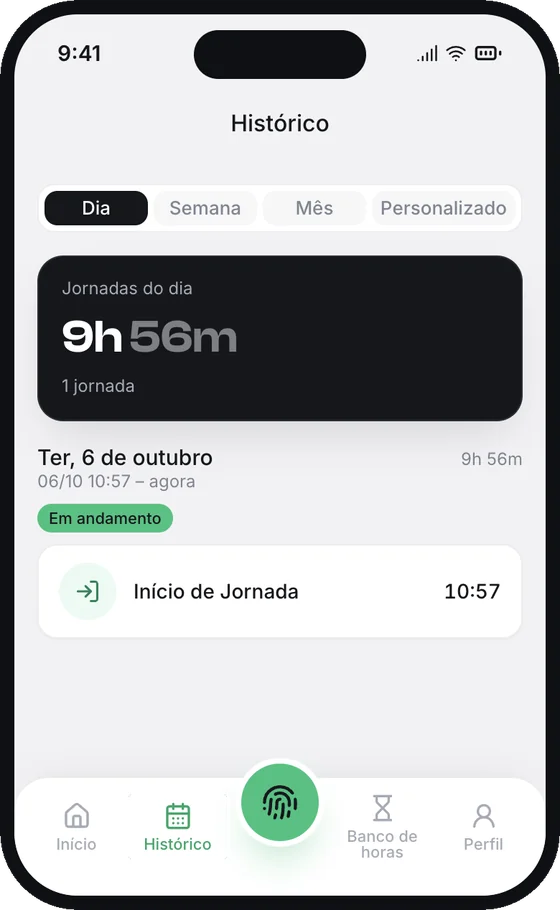 Tela Histórico com as jornadas do dia e o início de jornada às 10:57