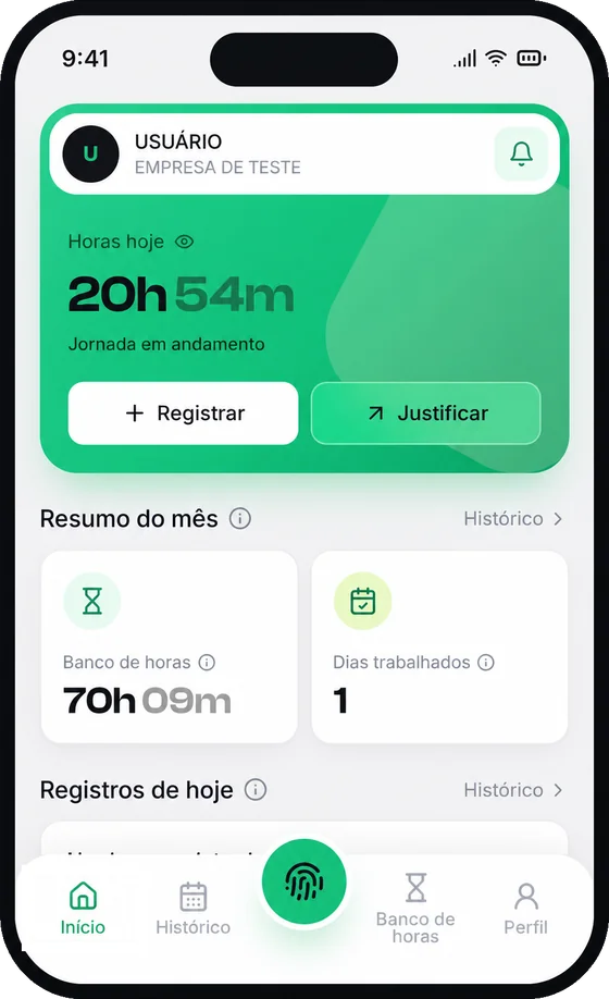 Tela inicial do app M3Ponto com as horas trabalhadas no dia, o banco de horas e os botões Registrar e Justificar