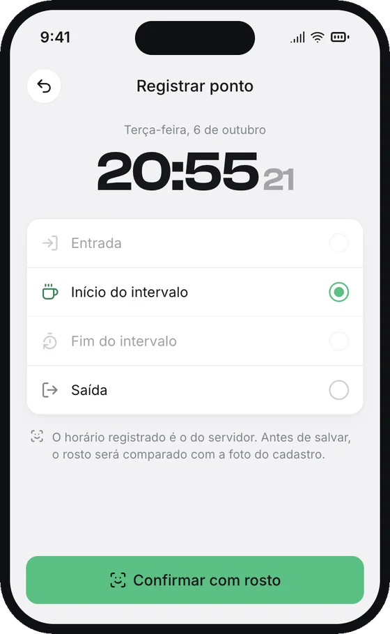 Tela Registrar ponto com entrada, início e fim do intervalo, saída e o botão Confirmar com rosto